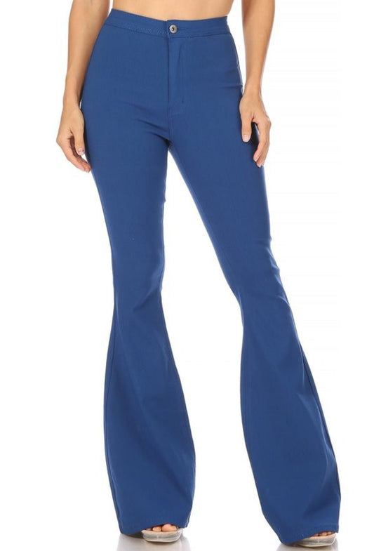 JCJQ Jeans Blue Super Stretch High-Waist Bell Bottom Pants — Vibrant Blue Retro Western Flare