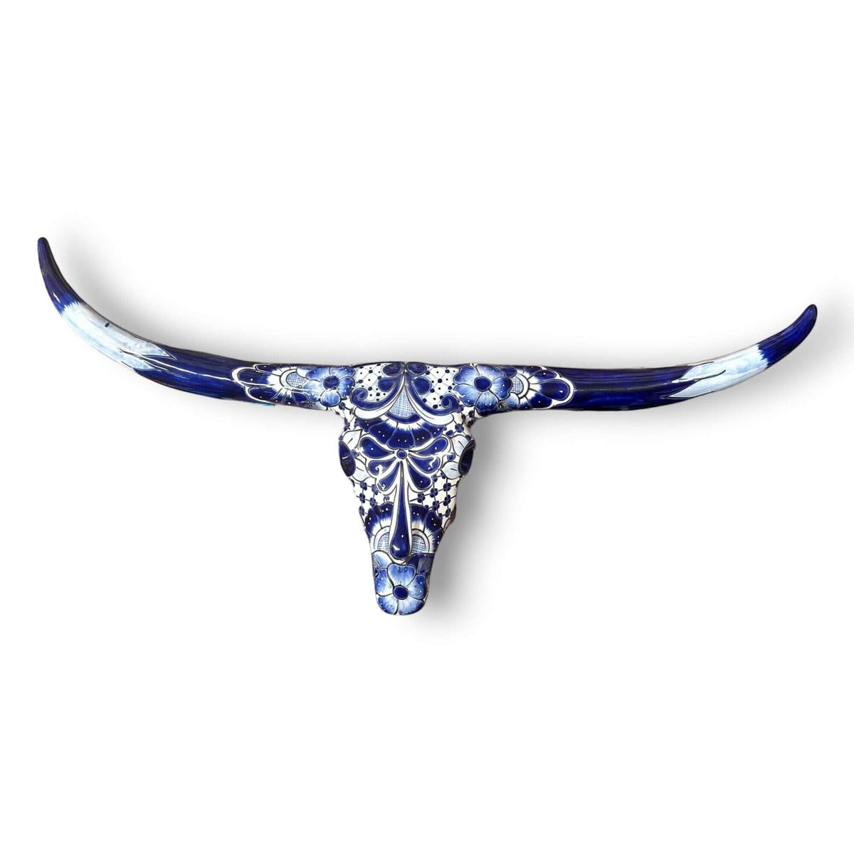 Talavera Longhorn Skull | Blue & White Mexican Wall Art