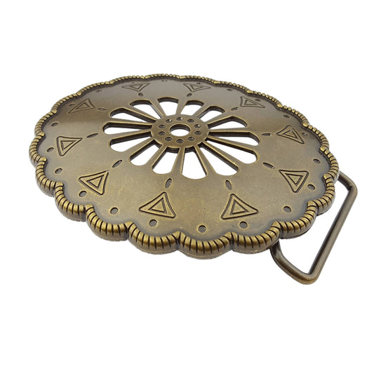Navajo-Inspired Vintage Brass Open Work Western Belt Buckle — Matte Brass with Floral Cut-Out