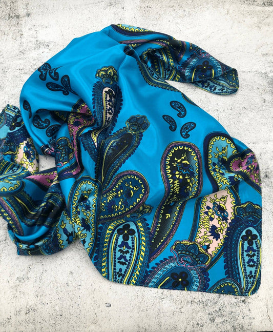 Bright Blue Paisley Border Wild Rag — 36" Silky Polyester Western Scarf