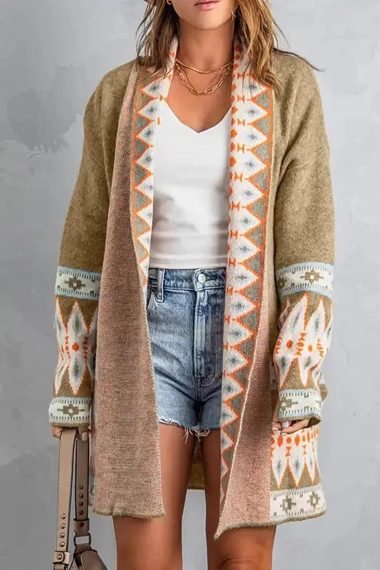 Brown Aztec Print Duster Cardigan