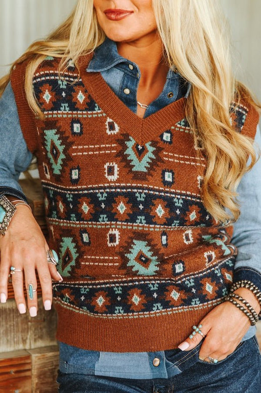 LUCKY & BLESSED Brown & Turquoise Southwestern Knit Sweater Vest — Cinnamon Base with Geometric Aztec Pattern (small remains)