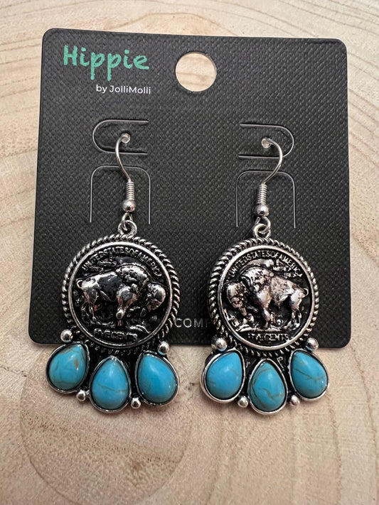 Western Buffalo Coin & Faux Turquoise Earrings — Frontier Statement