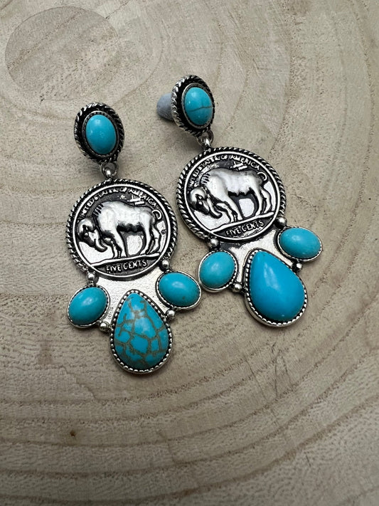Western Buffalo Coin Cluster Earrings with Faux Turquoise — 2" Oxidized Silver Statement