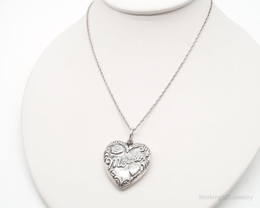 Vintage Large Puffy Heart Mother Charm Sterling Silver Necklace