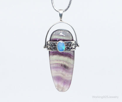 Vintage Purple & Green Fluorite Blue Opal Sterling Silver Pendant