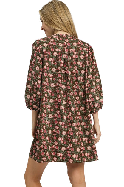 Womens Casual Swing Dress Vintage Floral Print Babydoll Style Puff Sleeve Mini Brown Pink Garden Party Dress