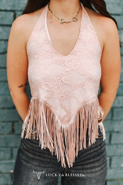Soft Pink Lace Fringe Halter Top