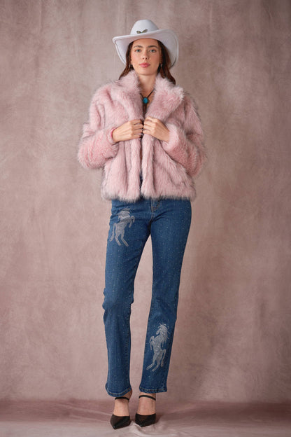 Two-Tone Faux Fur Hook & Eye Coat in Blush Pink