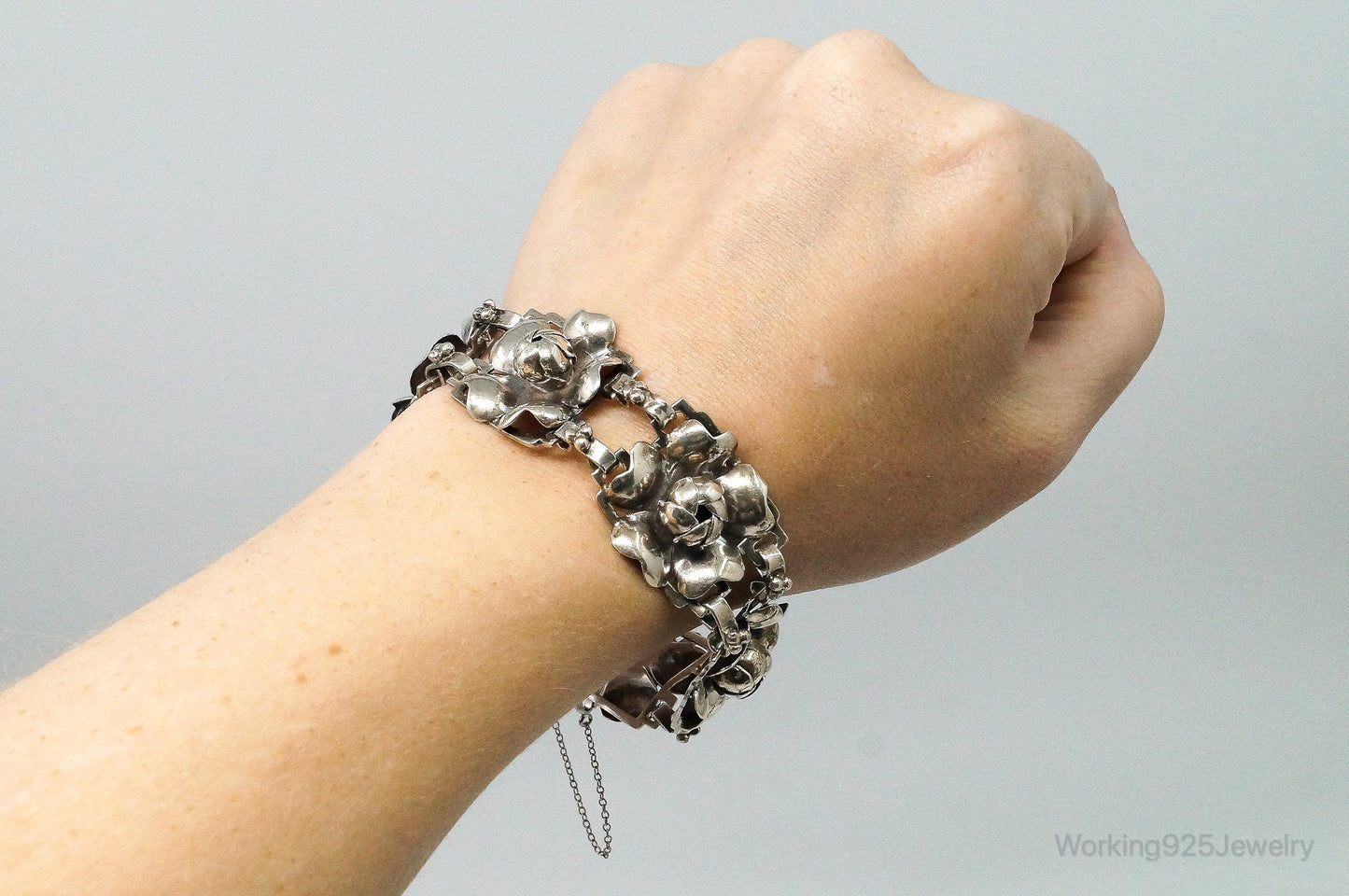 RARE 1940s Designer HOBE Flower Panels Sterling Silver Bracelet