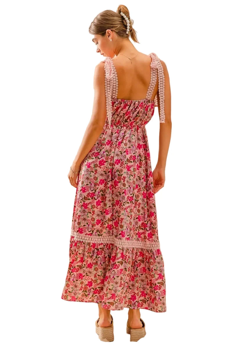 Womens Casual Maxi Dress Floral Print Lace Trim Square Neck Ruffle Hem Sleeveless Summer Pink Sundress