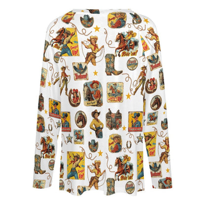 Baha Ranch Vintage Cowgirl Collage Western Print Long Sleeve Top