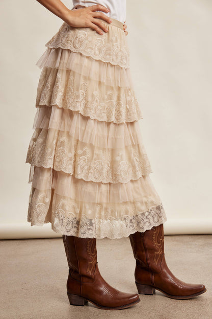 Taupe Lace Tiered Midi Skirt