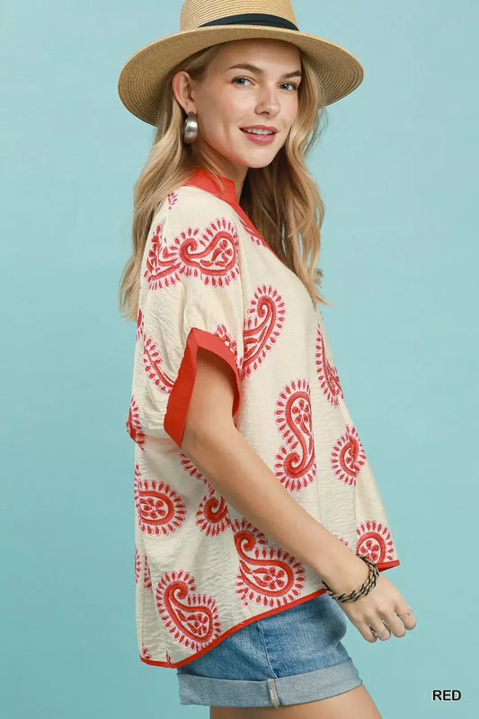 Umgee Paisley Print Contrast Trim Top