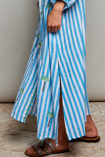 Palm Tree Embroidery Lightweight Striped Maxi Dres