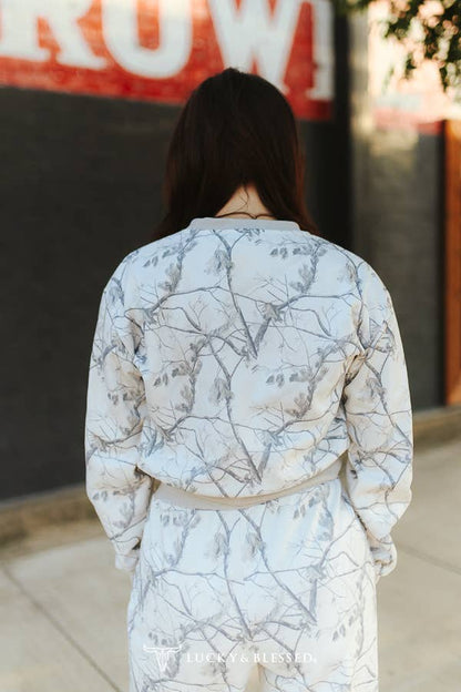 White Camo Print Cropped Sweatshirt & Pants Lounge Set XL-3XL