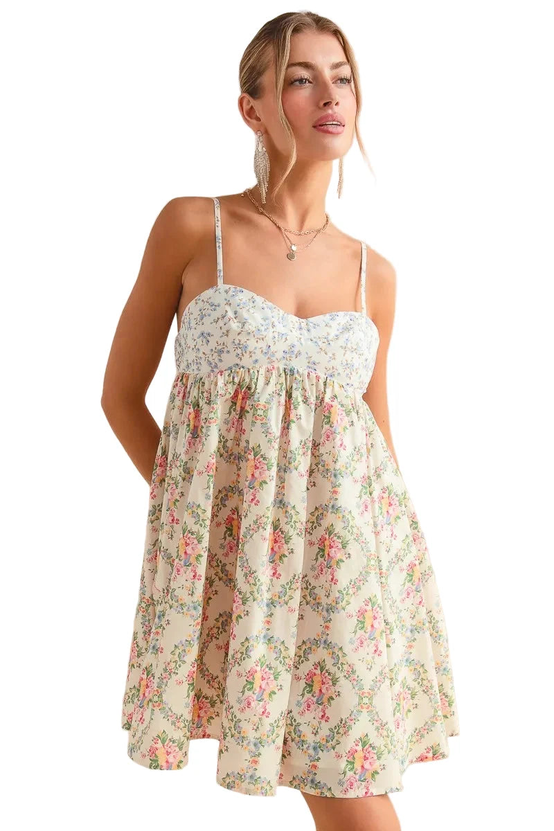 Garden Naked Womens Casual Sundress Floral Print Smocked Empire Waist Spaghetti Strap Babydoll Mini Dress White Pink