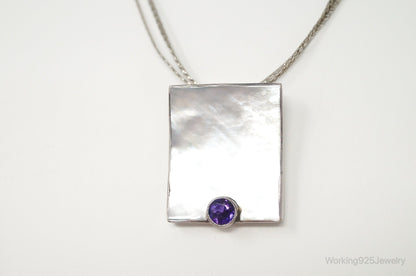 Vintage Large Mother Of Pearl Amethyst Modernist Sterling Silver Necklace
