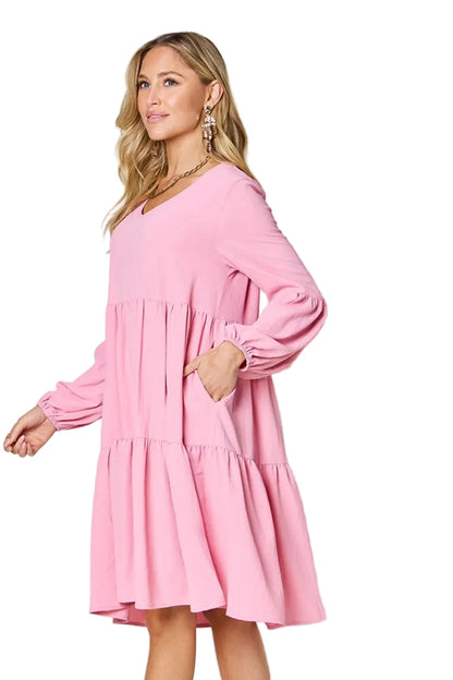 Garden Naked Women's Casual Dress Babydoll Tiered Dress with Pockets Long Sleeve Ruffle Hem Soft Cotton Blend Loose Fit