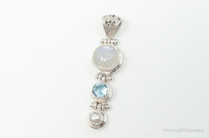 Large Designer SJ Blue Topaz Moonstone Pearl Sterling Necklace Pendant