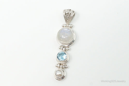 Large Designer SJ Blue Topaz Moonstone Pearl Sterling Necklace Pendant