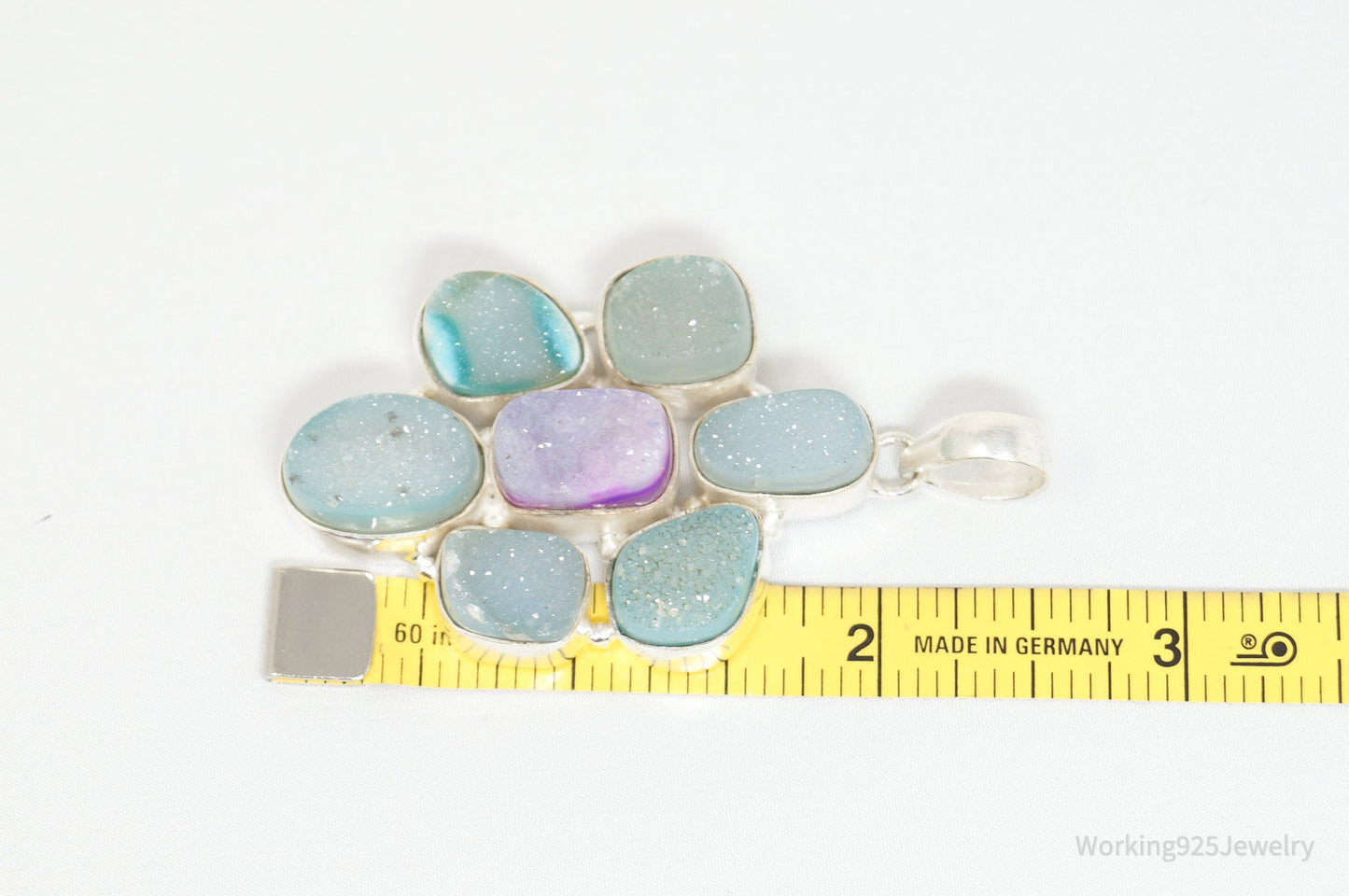 Vintage Large Druzy Quartz Sterling Silver Necklace Pendant