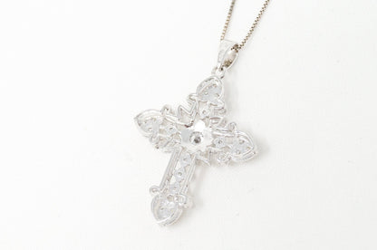 Vintage Cubic Zirconia Cross Heart Sterling Silver Pendant Necklace
