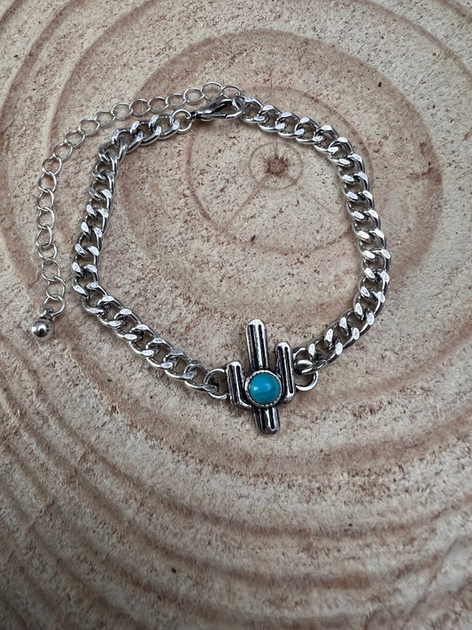 Western Cactus & Faux Turquoise Cuban Chain Bracelet