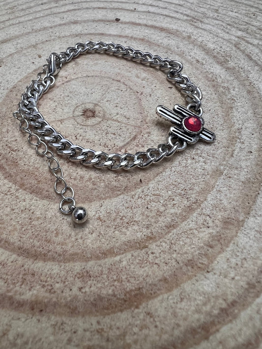 Western Cactus & Pink Stone Cuban Chain Bracelet