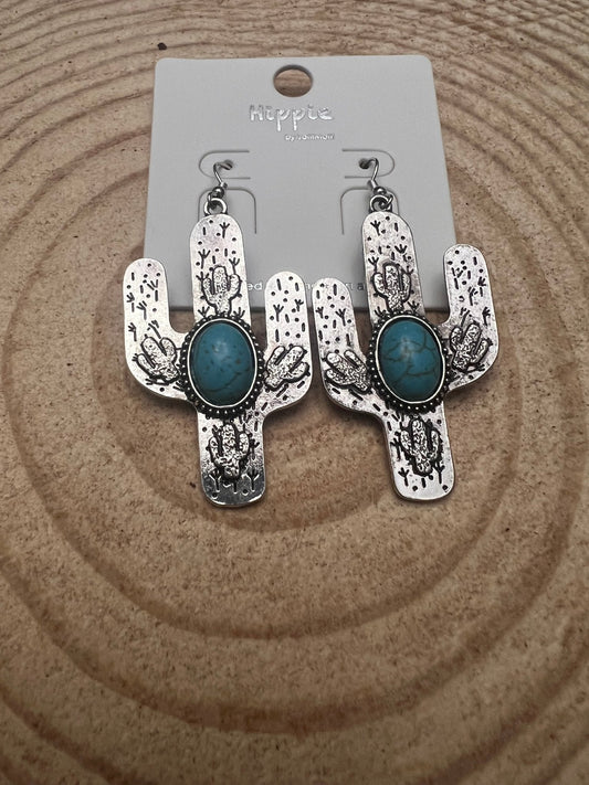Western Cactus Dangle Earrings with Faux Turquoise — 2½" Drop