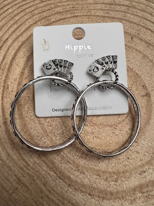 Western Card Theme Hoop Earrings with Playing Card Detail — 2" Drop