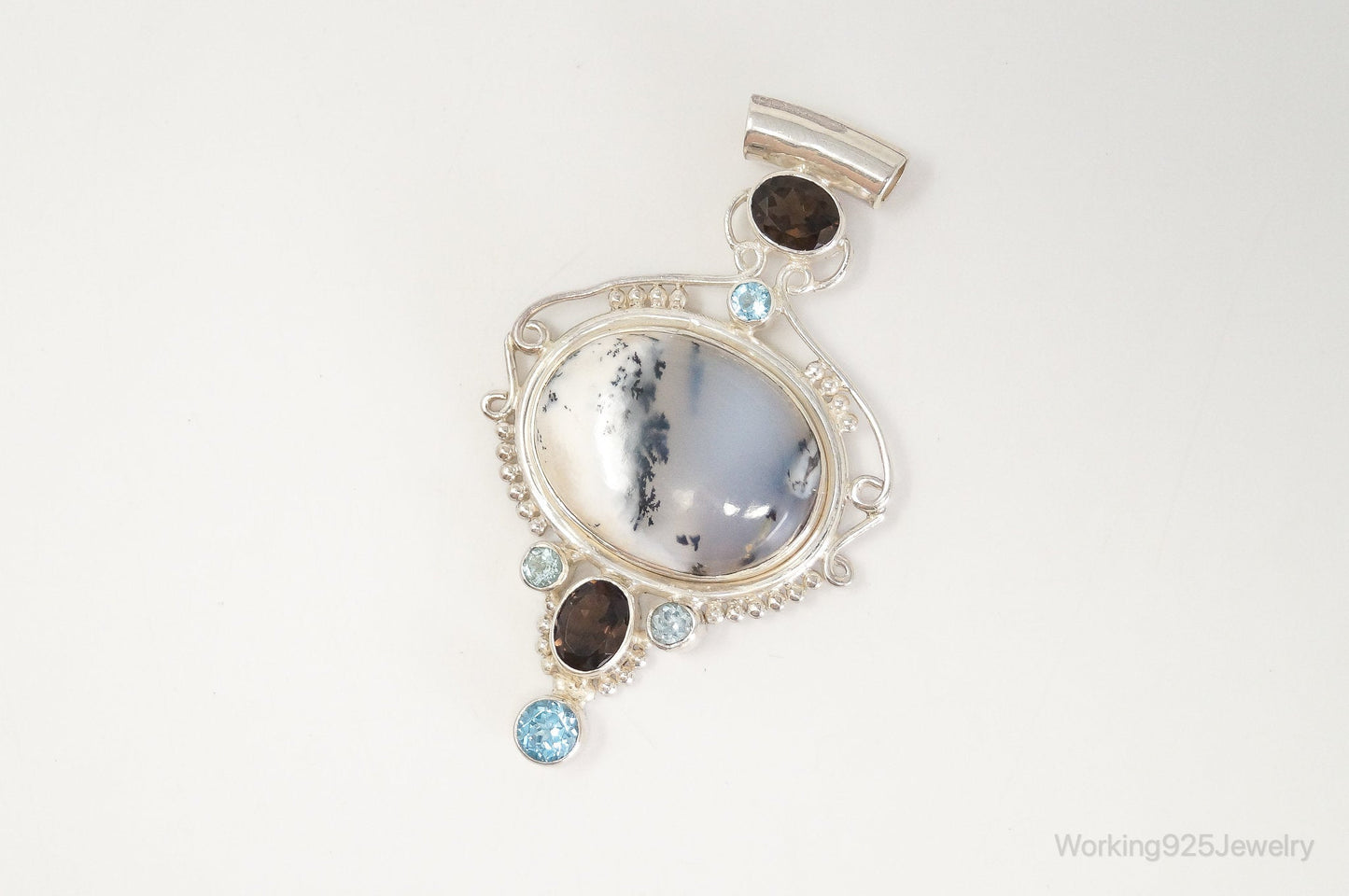 Large SAJEN Dendritic Agate Smoky Topaz Blue Topaz Sterling Silver Pendant