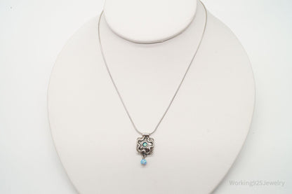 Vintage Flower Blue Fire Opal Hammered Style Sterling Silver Necklace