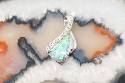 Vintage Designer AK Art Deco Fire Opal CZ Sterling Silver Necklace Pendant