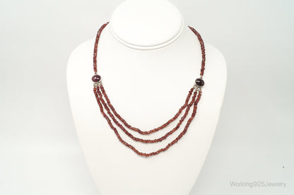 Vintage Garnet Bali Style Bead Strand Sterling Silver Necklace