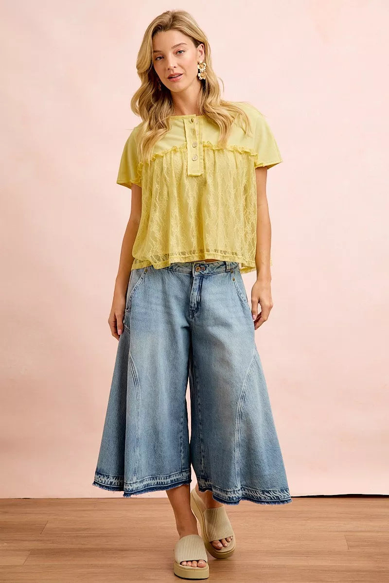 BiBi Solid Jersey With Lace Combo Ruffled Buttoned Top