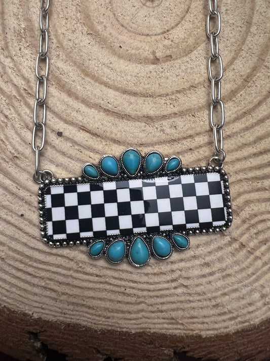 Western Checkered Bar Necklace with Faux Turquoise — 18 Inch