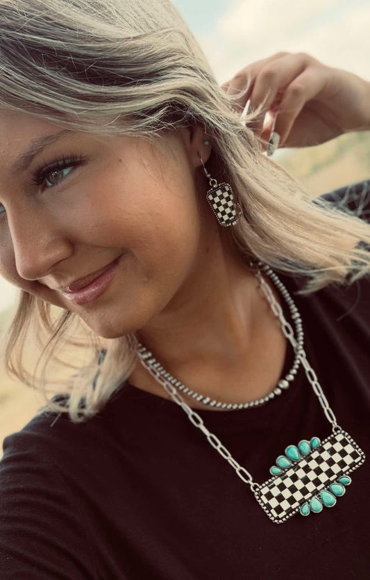 Western Checkered Bar Necklace with Faux Turquoise — 18 Inch