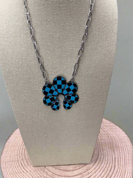 Western Checkered Squash Blossom Necklace — 18 Inch Southwestern Statement
