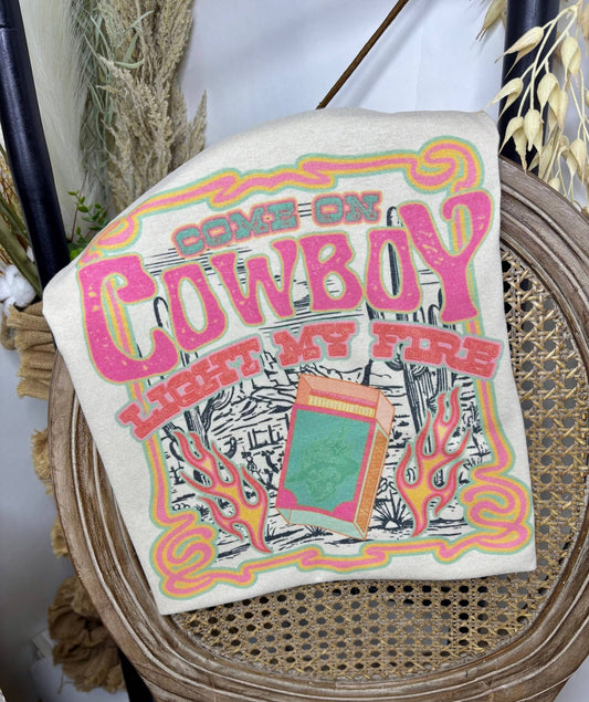 "Come on Cowboy, Light My Fire" Retro Western Graphic Tee — Off-White Jerzees Vintage Cowboy Core