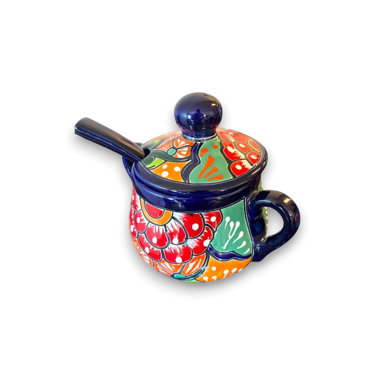 Colorful Talavera Sugar Jar with Spoon | Mexican Pottery Art