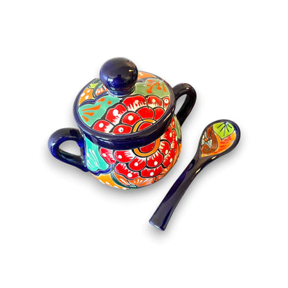 Colorful Talavera Sugar Jar with Spoon | Mexican Pottery Art