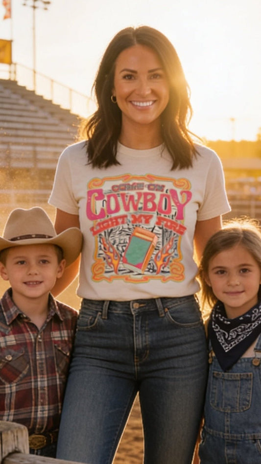"Come on Cowboy, Light My Fire" Retro Western Graphic Tee — Off-White Jerzees Vintage Cowboy Core