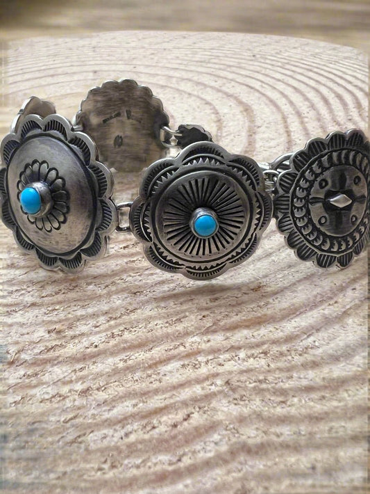 Victor Coriz Navajo Concho Link Bracelet with Sleeping Beauty Turquoise — Adjustable 6"-7.5" (Sterling Stamped, Artist Hallmark)