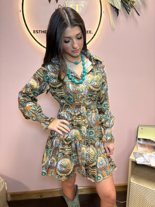 LUCKY & BLESSED Concho & Turquoise Jewelry Print Collared Ruffle Button-Down Western Shirt Dress