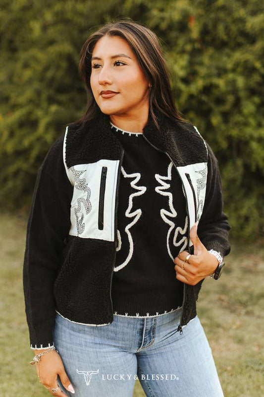 LUCKY & BLESSED Contrast Black Sherpa Western Vest — Cream Quilted Panels with Boot Stitch Aztec Embroidery & Dual Zip Pockets
