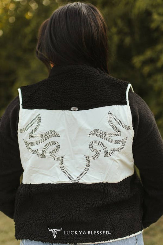 LUCKY & BLESSED Contrast Black Sherpa Western Vest — Cream Quilted Panels with Boot Stitch Aztec Embroidery & Dual Zip Pockets