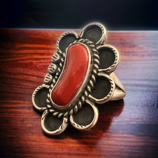 Annie Chapo Hand-Stamped Sterling Silver Coral Ring — Size 7 (Vintage Native American)