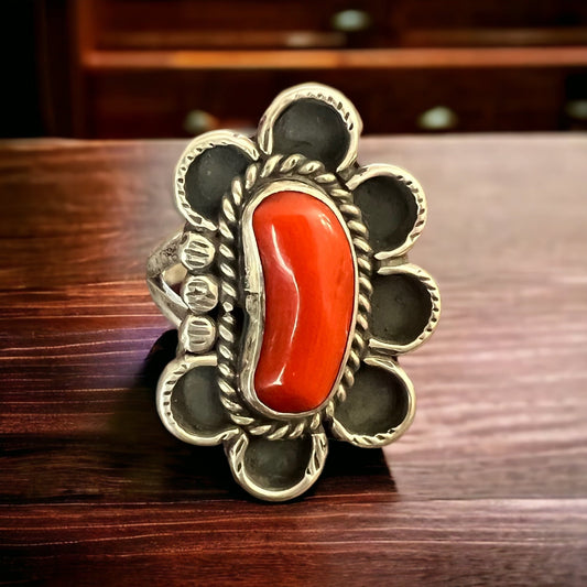 Annie Chapo Hand-Stamped Sterling Silver Coral Ring — Size 7 (Vintage Native American)