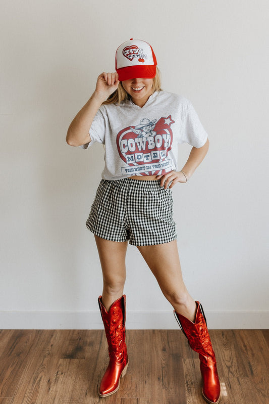 Cowboy Motel Raw Cut V-neck Graphic Tee